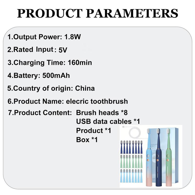 Portable Electric Toothbrush, 1 Box Rechargeable Sonic Teeth Cleaning Toothbrush with 8 Counts Brush Heads, Intelligent Timer Toothbrushes for Adults