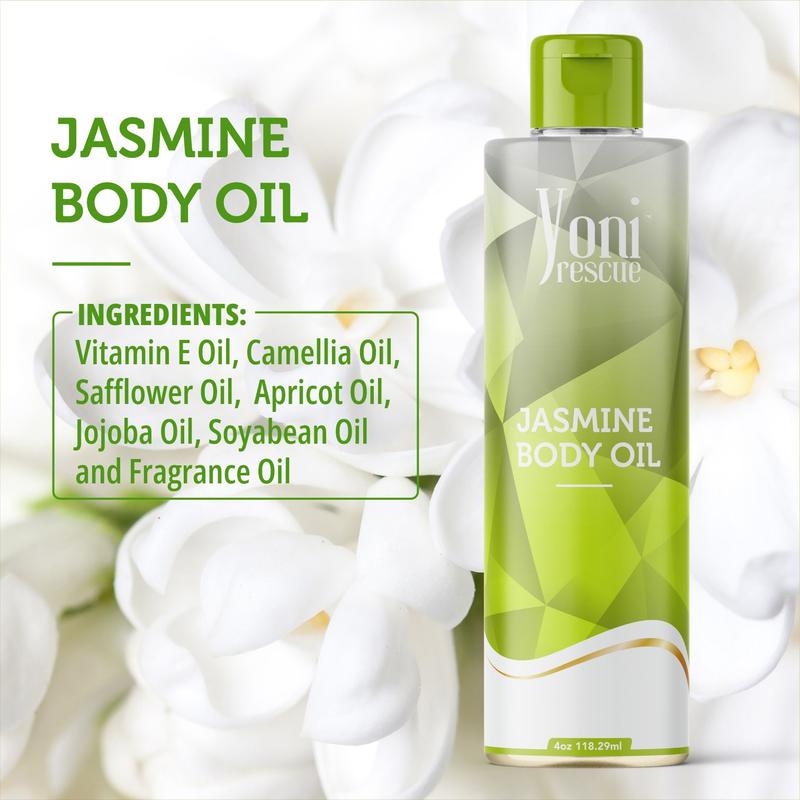 Jasmine Body Oil, 4oz, with Apricot, Jojoba, Avocado Oils & Vitamin E Oil, Daily Moisturizer, Fast-Absorbing, Nourishes and Hydrates Skin, Skin Repair, Body Care, Ideal for All Skin Types,  Jasmine Scented Fragrance Moisturizer by Yoni Rescue