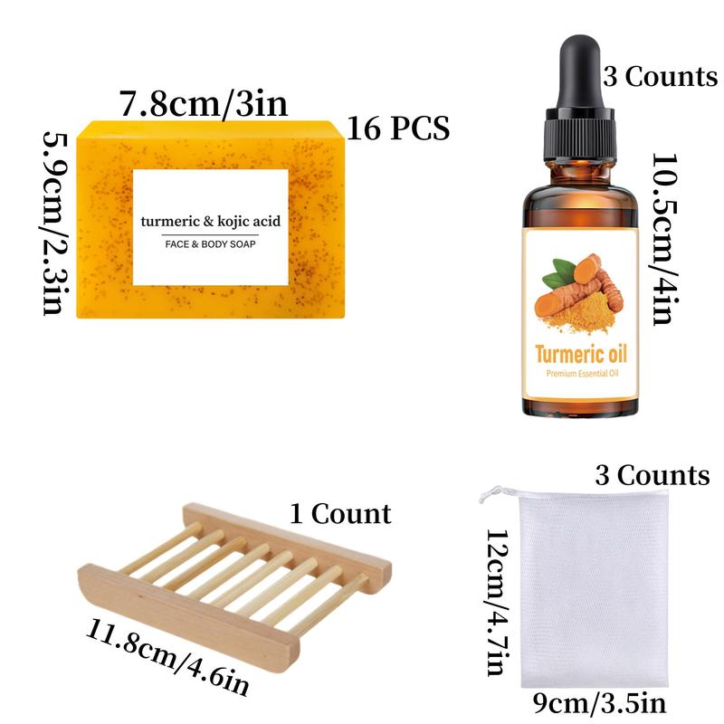 Turmeric Skincare Set,1 Set Turmeric Kojic Acid Soap & Turmeric Oil & Soap Dish & Soap Bag, Cleansing and Moisturizing Body Care for Women & Men