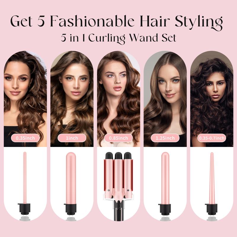 Heikki Vision 5 in 1 Curling Iron Set with 4 Interchangeable Ceramic Fast Heat, Wand Hair Crimper, Dual Voltage Hair Waver with Protective Glove & 2 Clips