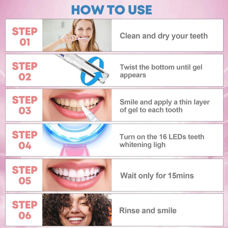 16 LED Oral Teeth Brightening Kit, Rechargeable Whitening Tool with 3 Teeth Brighten Gel for Sensitive Gum, Remove Stains from Coffee Smoking, Gift