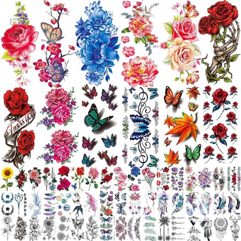 82 Sheets Flowers Temporary Tattoos Stickers, Roses, Butterflies and Multi-Colored Mixed StyleBody Art Temporary Tattoos for Women, Girls or Kids