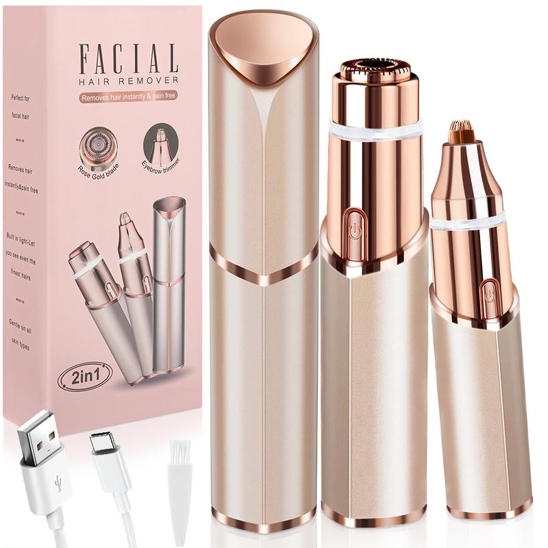 2 in 1 Facial Hair Remover Electric Eyebrow Trimmer for Women, Electric Face Razor with LED Light, Recyclable Packaging Comfort