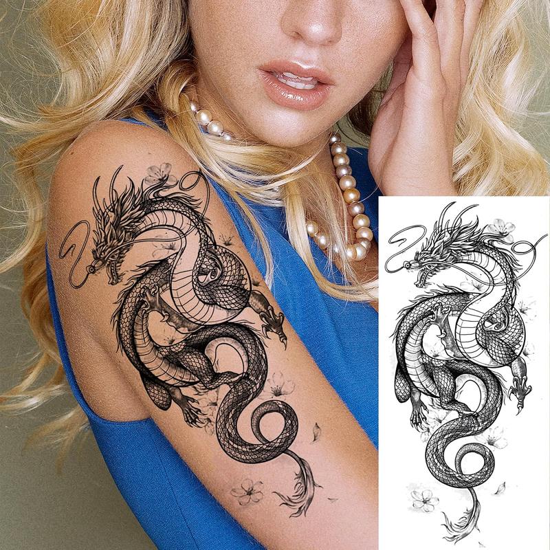 8 Sheets Cool Dragon Temporary Tattoos For Men Women Adults, Black Realistic Dragon  Sticker Half Arm Sleeve, Waterproof Tribal Totem  Tattoos That Look Real and Long Lasting Set Kit