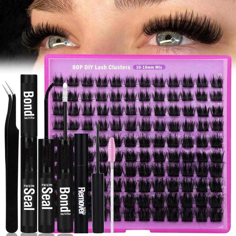 40D 60D 80D DIY Eyelash Extension Kit Adhesive Tweezers Brush Removal Closed Eyelash Cluster Thick Natural Eyelash Extension Kit 10-18mm Mixed Personal Eyelash Kit with Eyelash Extension Glue Eyelash Cluster Applicator DIY, Christmas, Christmas Gift