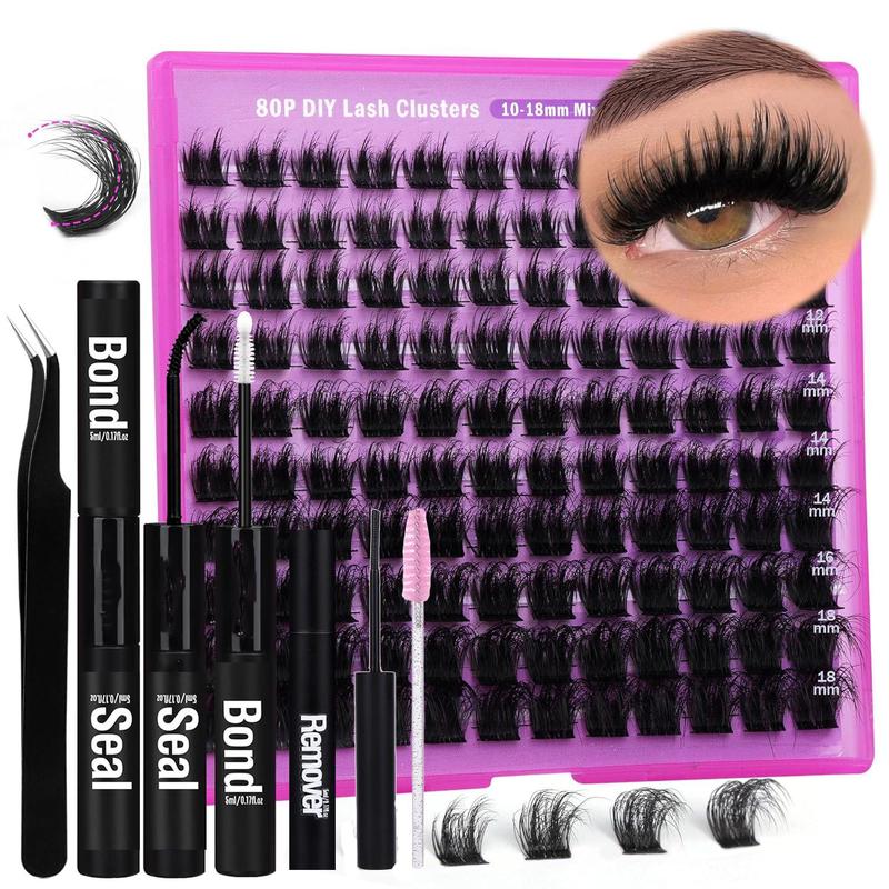 40D 60D 80D DIY Eyelash Extension Kit Adhesive Tweezers Brush Removal Closed Eyelash Cluster Thick Natural Eyelash Extension Kit 10-18mm Mixed Personal Eyelash Kit with Eyelash Extension Glue Eyelash Cluster Applicator DIY, Christmas, Christmas Gift