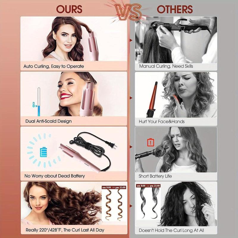 Rotating curling iron, double ceramic, with 4 temperatures automatic curling iron for long hair, automatic curling iron with ceramic barrel