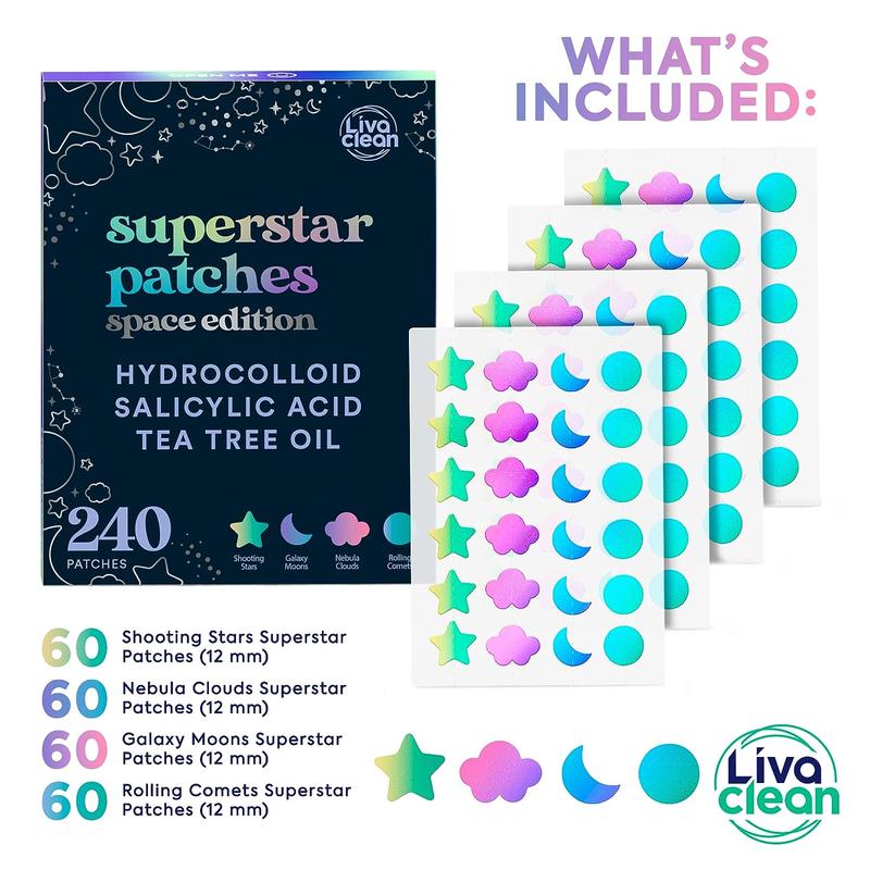 LivaClean 240 CT Holographic Cute Acne Patches - Space Edition w Salicylic Acid & Tea Tree Oil for Face Acne Patches All Skin Types Paraben Free Skincare Pimple Gentle Hydrocolloid Pore Redness Skin Repair