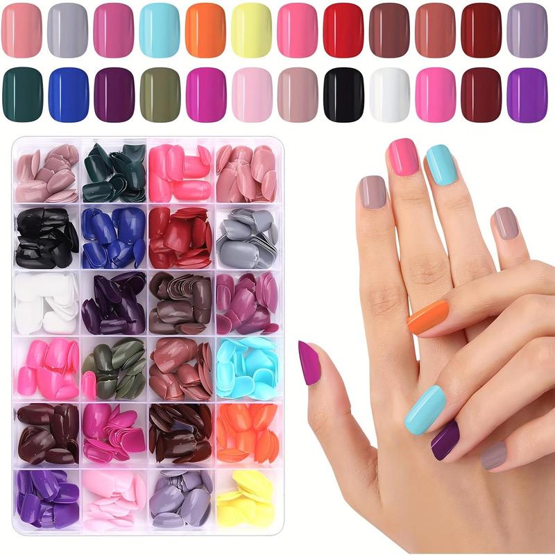 Solid Color Short Square Fake Nails Kit, 576pcs box Removable Full Cover Press on Nail, Reusable Nail Art Kit for Women & Girls