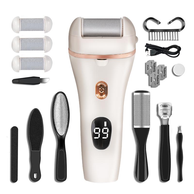 Rechargeable Electric  footfile  Callus Removers ,Electric Callus Remover Kit,17 in 1 professional pedicure set,Hard Cracked Dry Skin Ideal Gift,with 3 Roller Heads 2 Speed, Battery Display foot grinding callus grinder Manicure Nail Electric Foot