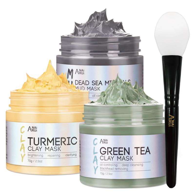 ANAiRUi 3 in 1 Face Clay Mask Set - Turmeric, Green Tea, Dead Sea Mud Clay Mask for Deep Cleansing, Oil Controlling, Comfort Skincare Mask Gifts Set