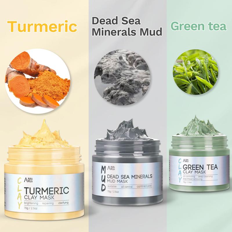 ANAiRUi 3 in 1 Face Clay Mask Set - Turmeric, Green Tea, Dead Sea Mud Clay Mask for Deep Cleansing, Oil Controlling, Comfort Skincare Mask Gifts Set