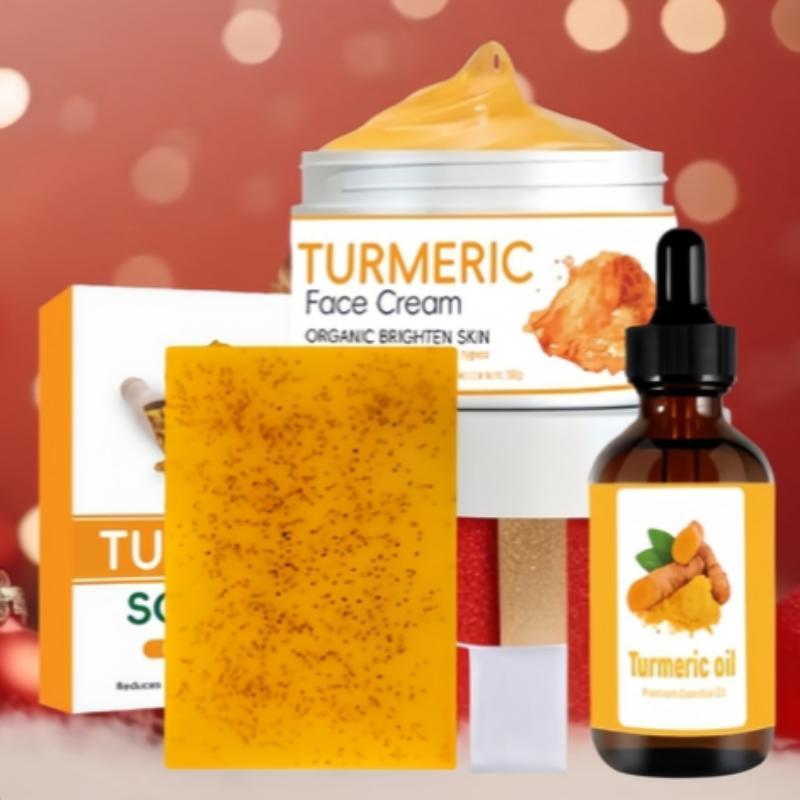 Turmeric Face Care Set, Cream & Oil & Soap, 3 Counts set Moisturizing Brightening Facial Skin Care Kit, Daily Skincare Product for Women & Men, Christmas Gift