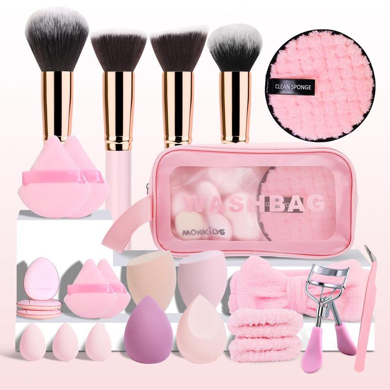 Makeup Tool Set, 1 Set Makeup Brush & Makeup Sponge & Powder Puff & Cleaning Sponge & Headband & Eyelash Curler & Tweezers & Makeup Bag, Makeup Accessories