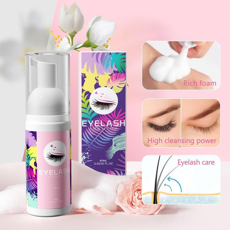 Lash Cleaning Kit - Lash Cleanser for Eyelash Extension 60ML Lash Shampoo with Mini Lash Fan Rinse Bottle Cleaning Brushes Hair Band Eyelash Separator Tool,Ideal Lash Wash Kit for Women