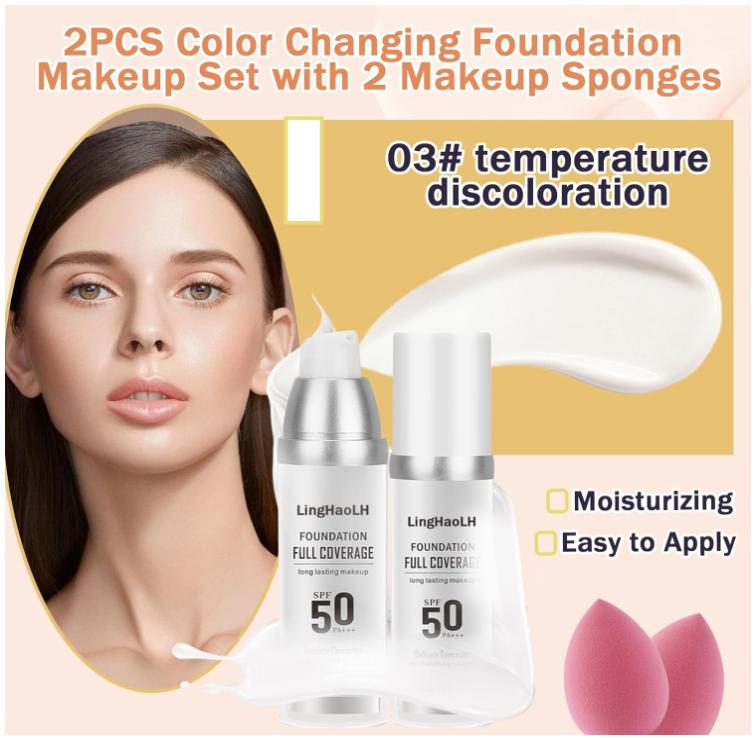 2PCS Color Changing Foundation Makeup Set with 2 Makeup Sponges,Moisturizing Full Coverage Liquid Foundation for Women,Non-greasy Long Lasting Flawless Concealer Cream Makeup Foundation Set