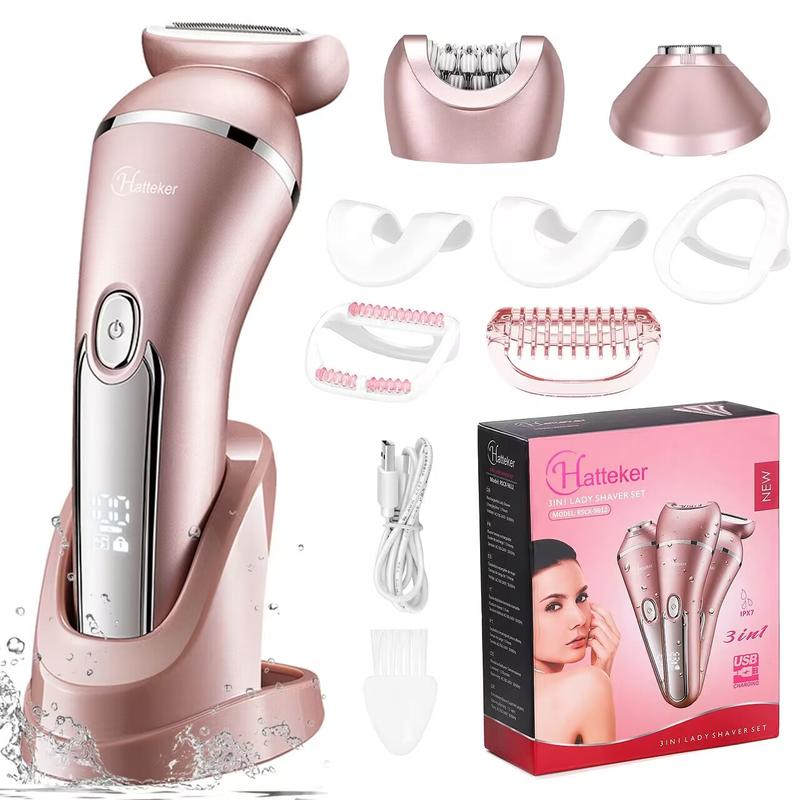 Hatteker Electric Shaver for Women Lady Epilator Electric Razors Kit Hair Remover for Face Chin Arm Leg Armpit Bikini Trimmer Painless Waterproof USB Rechargeable Dry Wet with Detachable Head 3 in 1