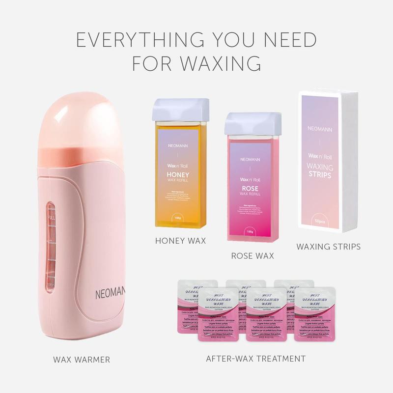 Roll on Wax Kit for Hair Removal, Including Hair Removal Tool with 2 Cartridges & 50 Wax Strips & 6 After Wax Treatment for Hair Removal for Women & Men, Epilator Hair Remover