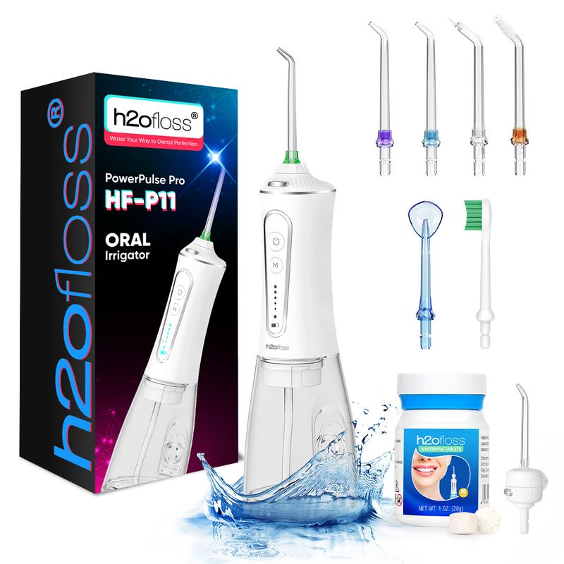 h2ofloss Water Dental Flosser 300ML Watertank & Whitening Tablet lPX7Waterproof Plus 5 Modes,Cordless Oral lrrigator P11-white