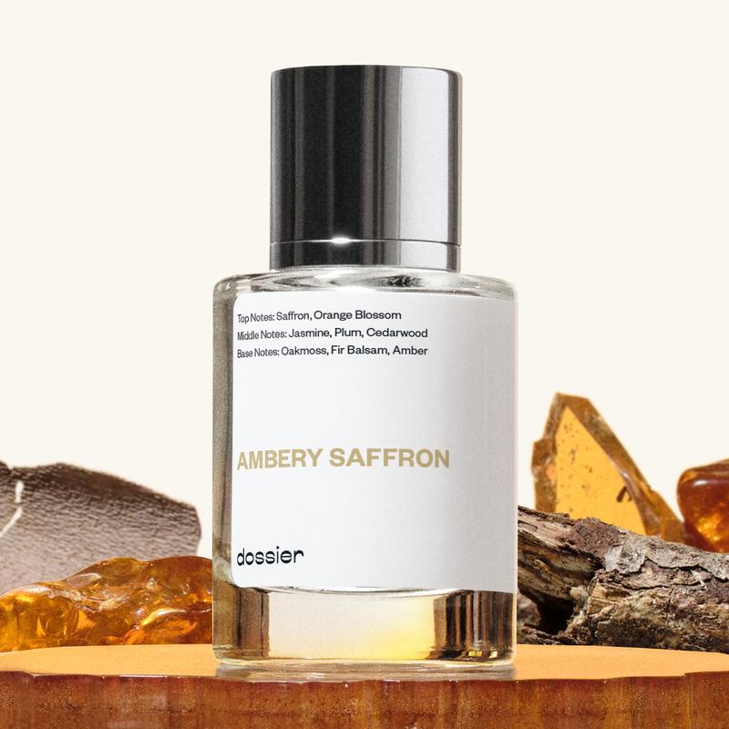 Ambery Saffron, Dossier, Unisex Perfume, 50ml-100ml-150ml, Eau de Parfum, Saffron, Orange Blossom, Jasmine, Plum, Cedarwood, Oakmoss, Amber