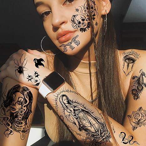 6 Sheets Chicano Temporary Tattoos For Women Men Adults Halloween Face Makeup Kit, Black Guadalupe Tattoo Stickers, Gangster Payasa Gansta Fake Tatoos Prison Familia Joker, Tatuajes Temporales