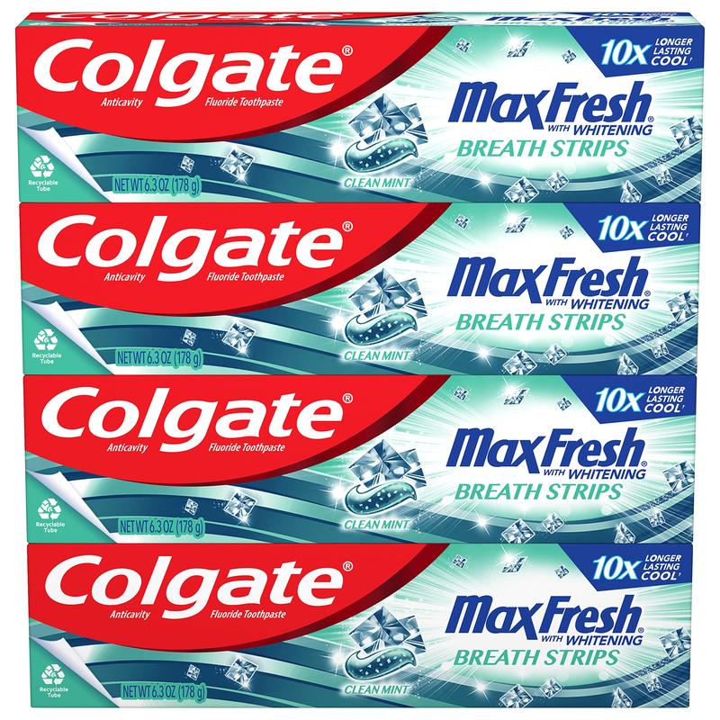 Colgate Max Fresh Whitening Toothpaste with Mini Strips, Clean Mint Toothpaste for Bad Breath, Helps Fight Cavities, Whitens Teeth, and Freshens Breath, 6.3 Ounce (Pack of 4)