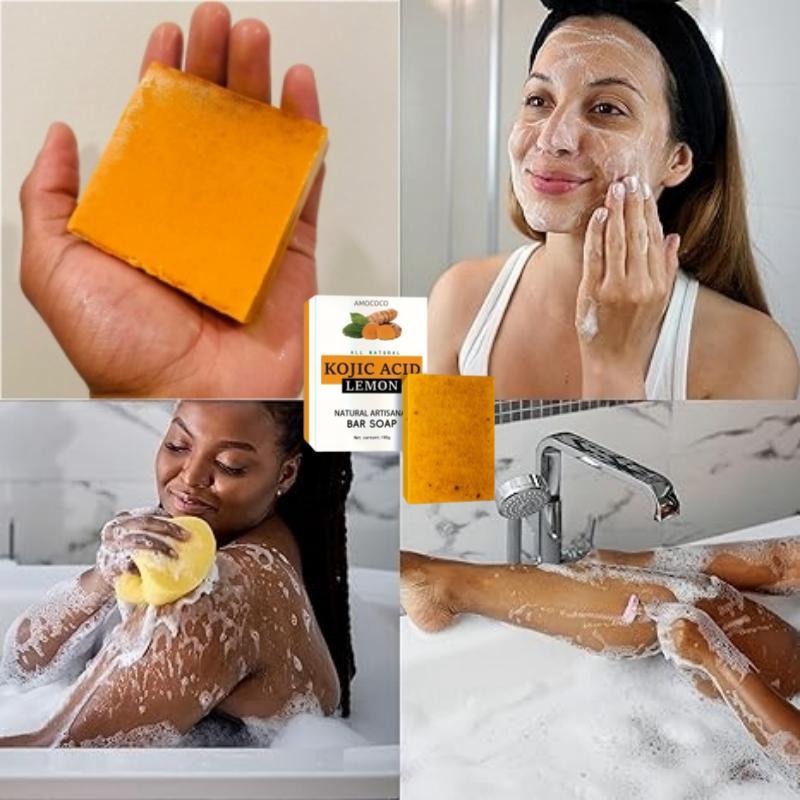 Lemon Turmeric & Kojic Acid Soap Bar, Face & Body Wash, Daily Skin Cleanser Sets for prone Skin, Moisturizing Gentle Kojic Acid Soap Bar Set with Soap Saver Bags, Halloween, Fal