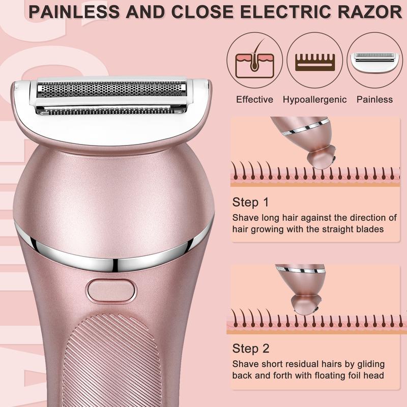 Hatteker Electric Shaver for Women Lady Epilator Electric Razors Kit Hair Remover for Face Chin Arm Leg Armpit Bikini Trimmer Painless Waterproof USB Rechargeable Dry Wet with Detachable Head 3 in 1