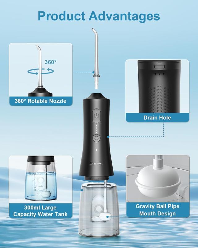 Operan Water Flosser with 4 Cleaning Modes, Upgraded 300ML Water Tank, Cordless Oral Irrigator, Nozzle Removable (Black)