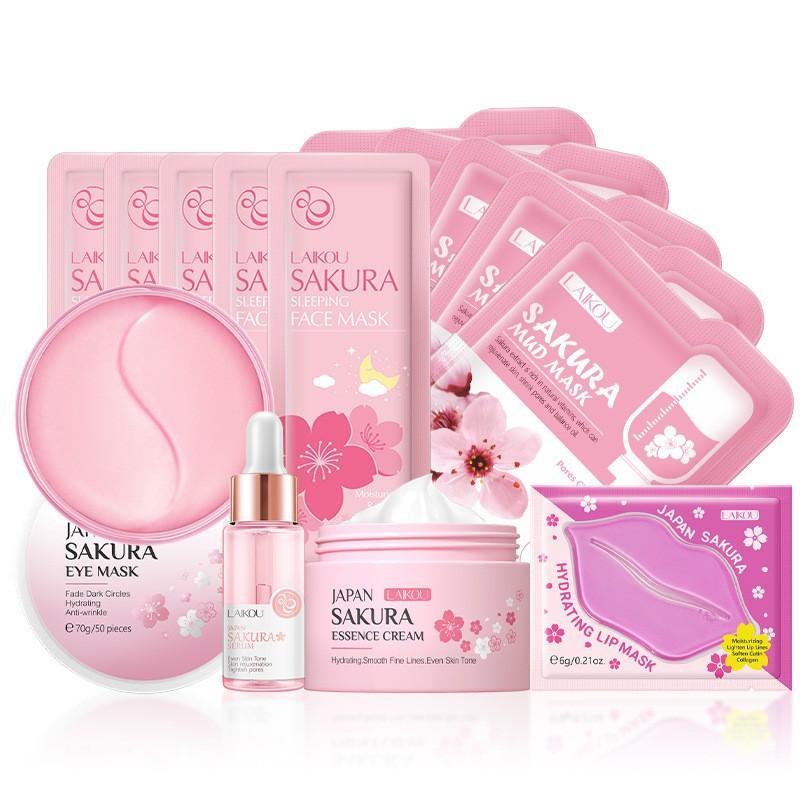 Sakura Flower Skincare Kit, 14pcs set Hydrating Skin Care Kit, Including Face Mask & Essence Cream & Eye Mask & Lip Mask, Moisturizing Skin Care Kit, Ordinary Skincare Products