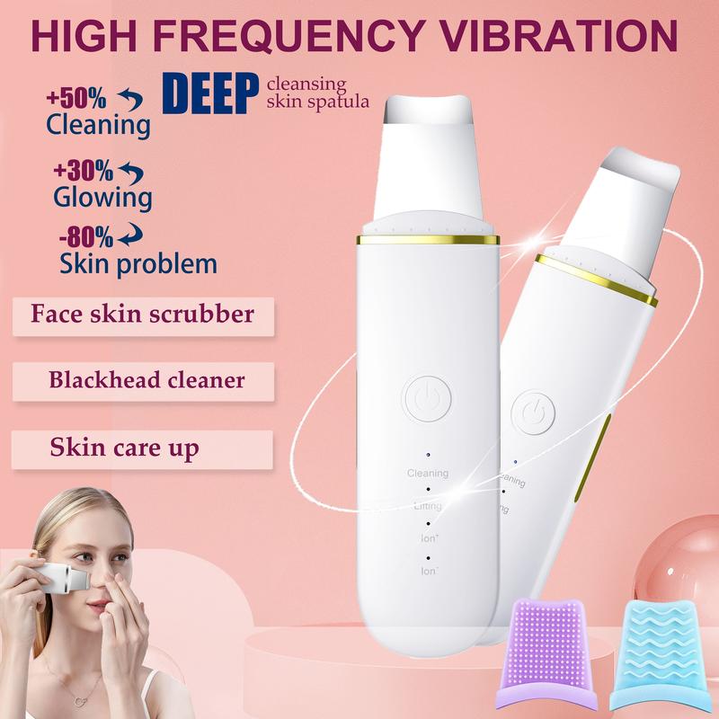 Cordless Ultrasonic Skin Scrubber, Facial Cleaner with High-frequency Vibration Massage, USB Rechargeable Skin Scraper with Four Modes, Summer Facial Pore & Blackhead Cleaner for Woman, Cleansing  Skincare