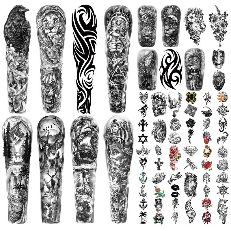 46 Sheets Full Arm Temporary Tattoo Waterproof For Men(L22.8“xW7”), Fake Tattoos for Women Lion Tiger Clock Flower Skeleton Animals Design, Hand Forearm Shoulder 3D Temporary Tattoos Stickers