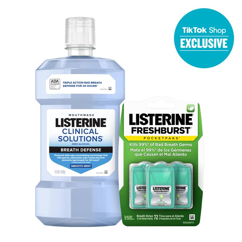 Listerine TikTok Shop Duo Pack, Clinical Solutions Breath Defense Alcohol Free Mouthwash 1L & Freshburst PocketPaks Dissolving Breath Strips