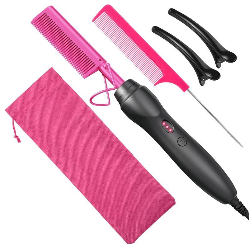 Hot Comb Hair Straightener Heat Pressing Combs - Ceramic Electric Hair Straightening Comb, Curling Iron for Natural Black Hair Beard Wigs Holiday Gift - Pink 5 In1 Lightweight Durable Smooth Comfort