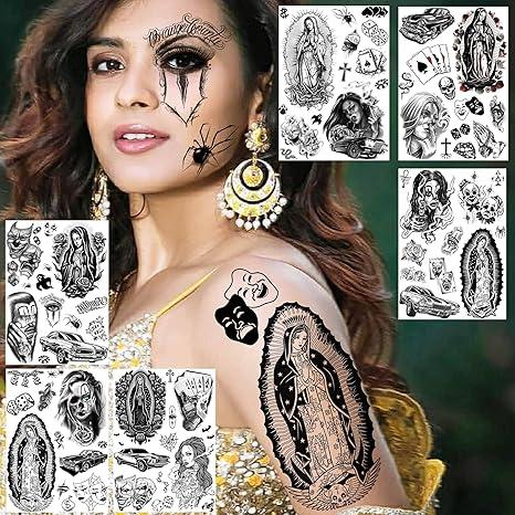 6 Sheets Chicano Temporary Tattoos For Women Men Adults Halloween Face Makeup Kit, Black Guadalupe Tattoo Stickers, Gangster Payasa Gansta Fake Tatoos Prison Familia Joker, Tatuajes Temporales