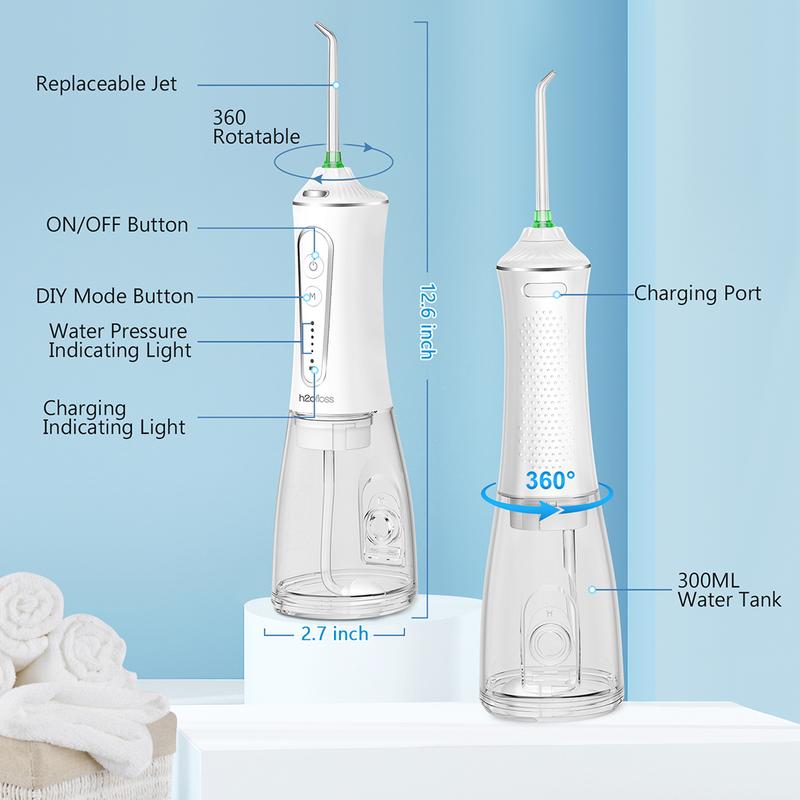 h2ofloss Water Dental Flosser 300ML Watertank & Whitening Tablet lPX7Waterproof Plus 5 Modes,Cordless Oral lrrigator P11-white