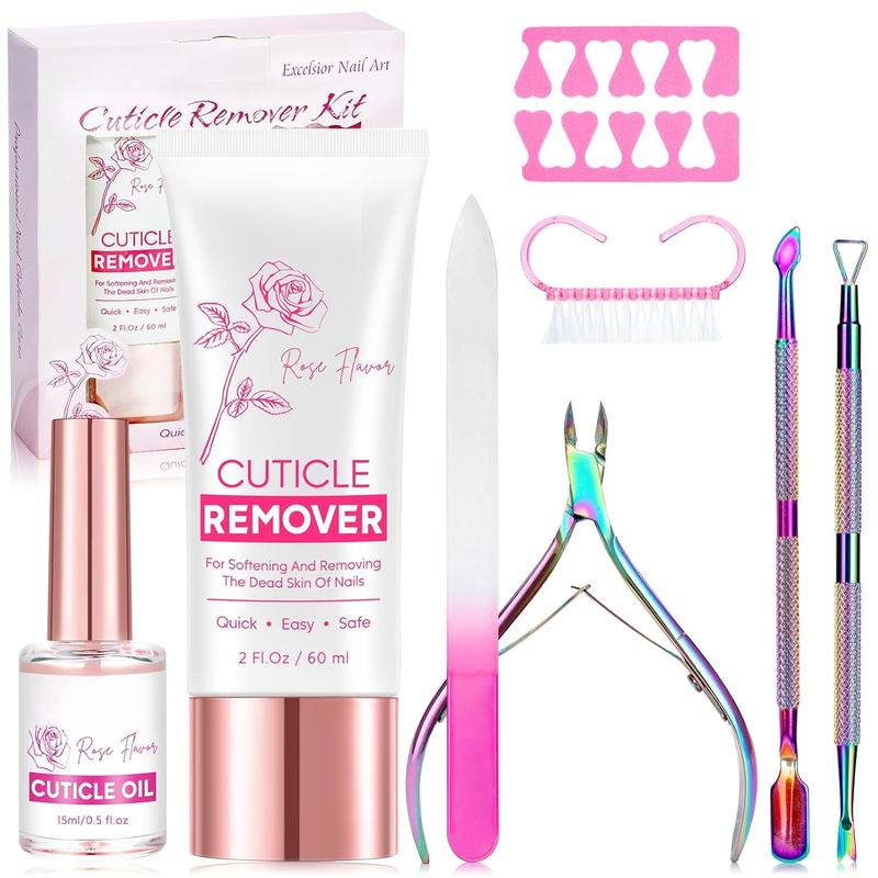 Cuticle Remover Kit - Cuticle Remover Cream & Cuticle Oil, Rose Flavor Cuticle Care Kit with Cuticle Trimmer Cuticle Pusher Cuticle Nipper for Manicure, Removedor de Cuticula for  Care