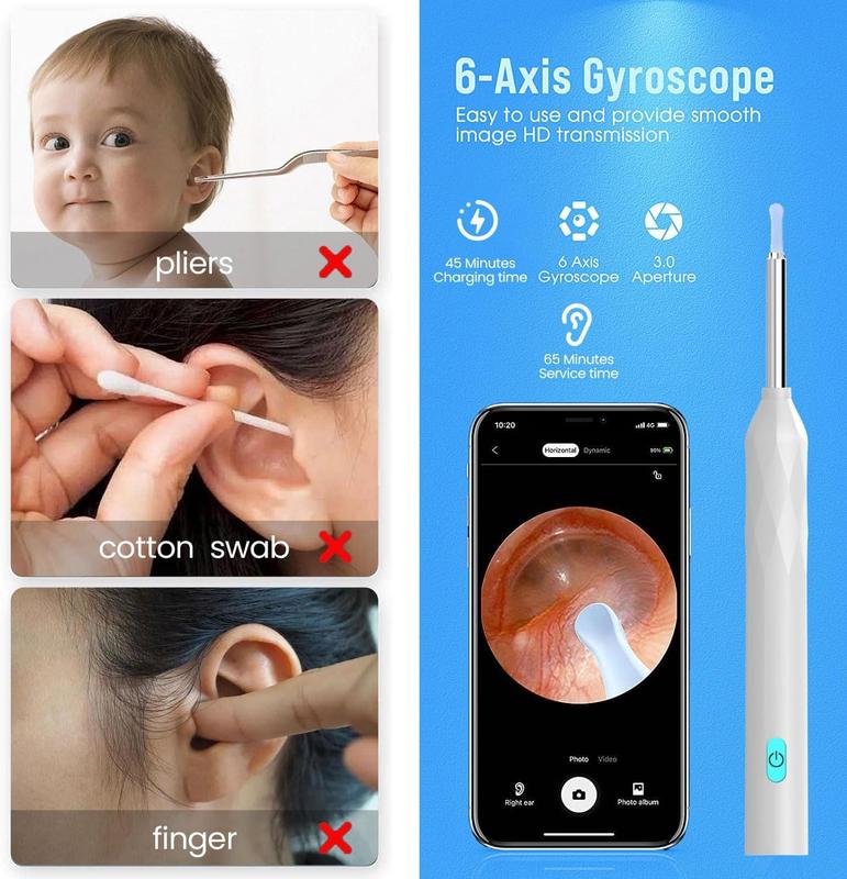 Ear Wax Removal Tool Camera, 800W Pixels FHD  Visual Ear Cleaner 6 Ear Spoon WiFi Ear Camera Fit for , iPad & Android Ear Wax Removal kit for Ear Cleaning (White)