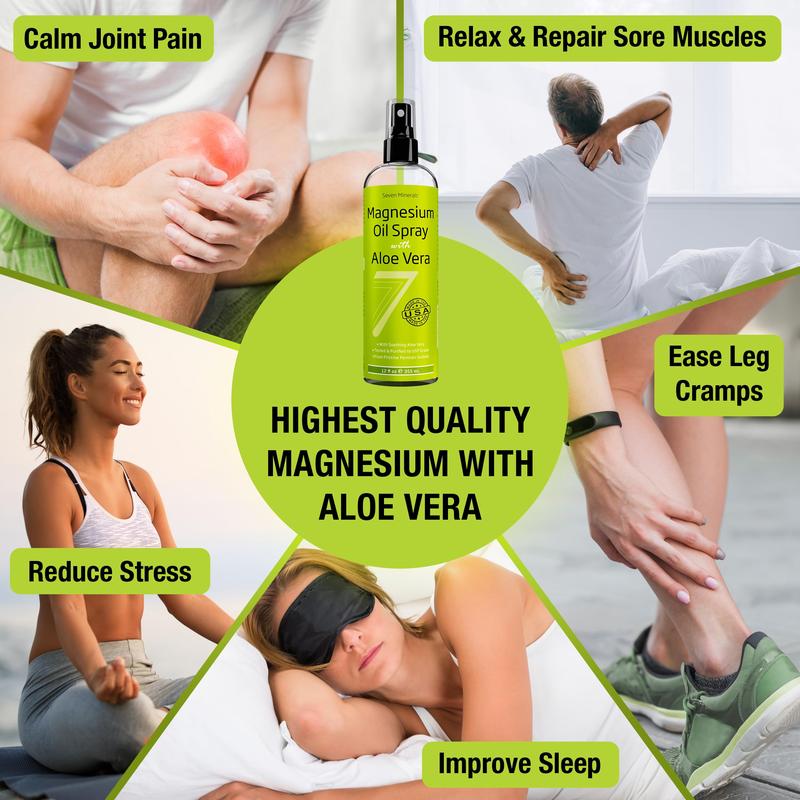 Seven Minerals, Magnesium Oil Spray with Aloe Vera - Use as Magnesium Spray Deodorant - Get Healthy Haircare & Skin and Sleep Comfort - Free eBook