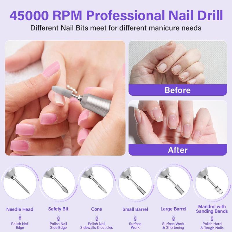 Professional 45000RPM Electric Nail Drill Machine with Nail Drill Bits, Rechargeable Low Noise Nail Sander File for Manicure Salon Tool, Portable Nail Drill Machine, Christmas Gift