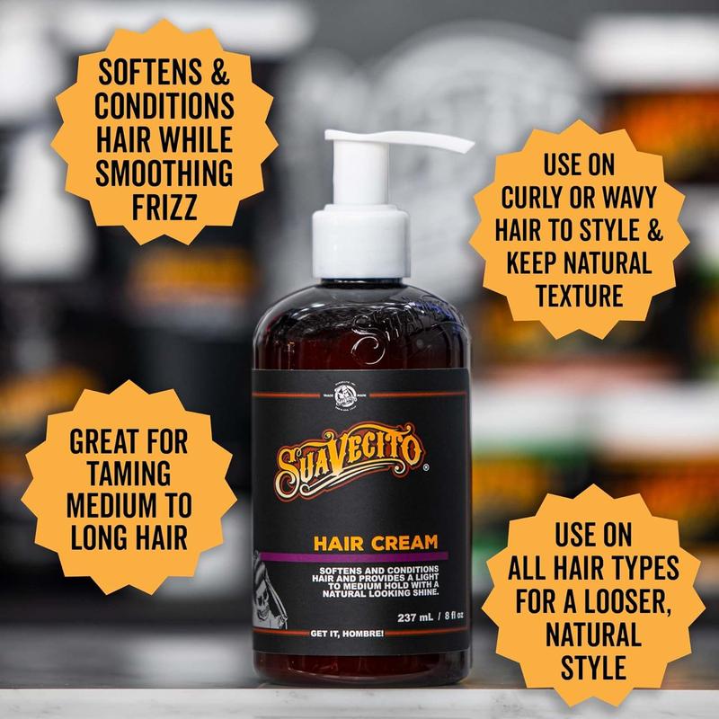 Suavecito Hair Cream 8 oz Pump Bottle Medium Shine All Day Light Hold Brush Gel Haircare Color Daily Frizz Lightweight Pack Pomade Smoothing