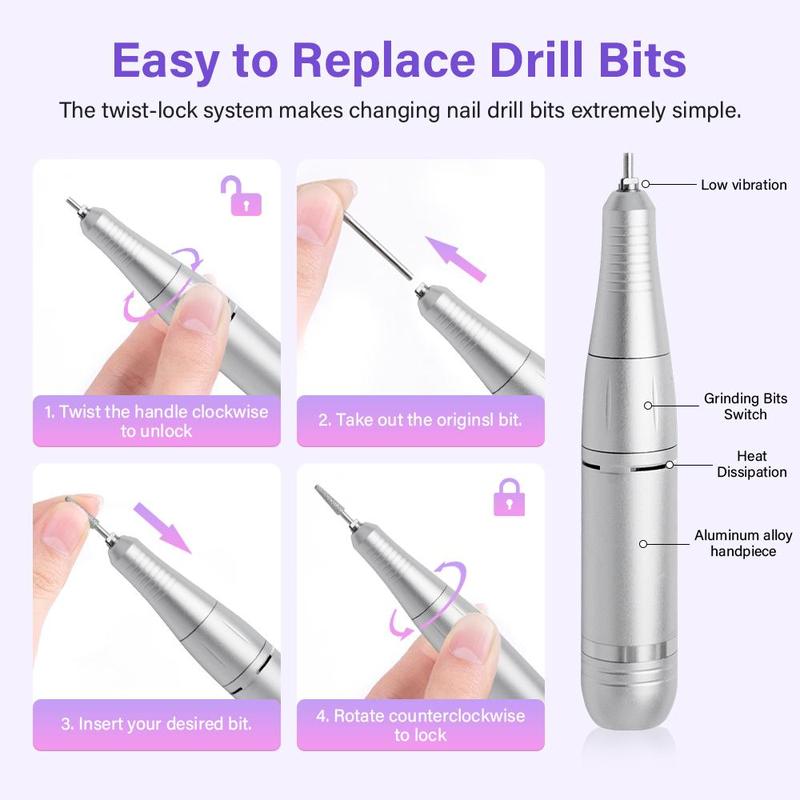 Professional 45000RPM Electric Nail Drill Machine with Nail Drill Bits, Rechargeable Low Noise Nail Sander File for Manicure Salon Tool, Portable Nail Drill Machine, Christmas Gift