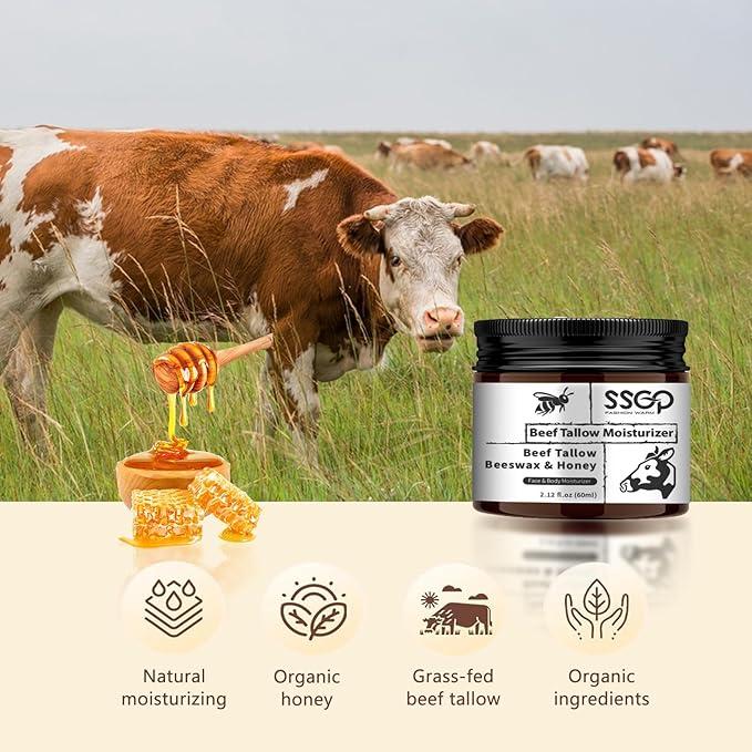 Beef Tallow Beeswax & Honey Face & Body Balm, Grass-Fed Beef Tallow and Honey for Skin, Moisturizing Cream, Emollient, Gentle, 2 oz