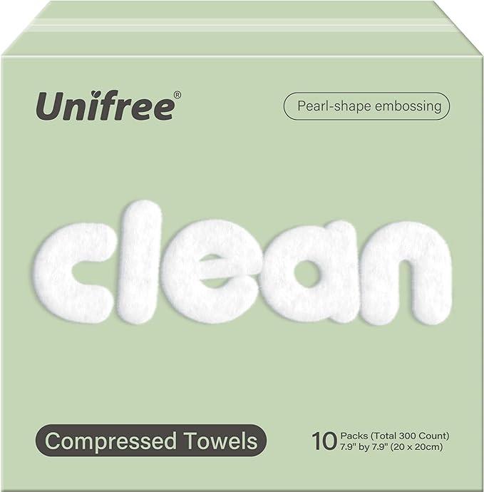 [ZS]Unifree Compressed Towels I Towelettes  I Facial Towel  I 30 Individual Packs Per Bag, 10-bags Value Pack, Total 300 Count