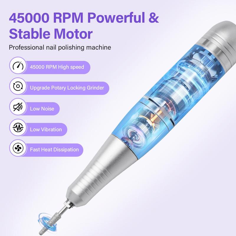 Professional 45000RPM Electric Nail Drill Machine with Nail Drill Bits, Rechargeable Low Noise Nail Sander File for Manicure Salon Tool, Portable Nail Drill Machine, Christmas Gift