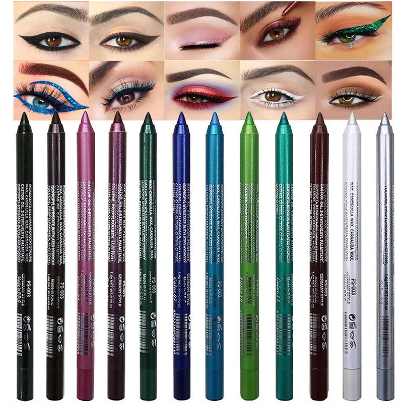 12Pcs Green Blue White Black Brown Purple Color Gel Glitter Eyeliner Pencils Set for Women Waterline Waterproof Smudge Proof lapiz de ojos delineador de ojos contra el agua Eye Liner Makeup 1-5 Lipliner Gift