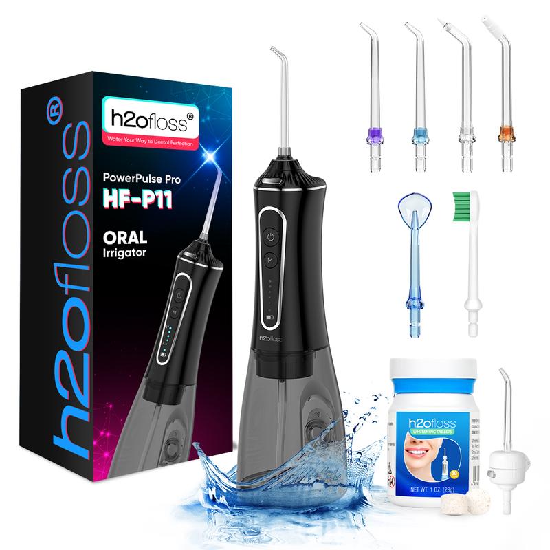 h2ofloss Water Dental Flosser 300ML Watertank & Whitening Tablet lPX7Waterproof Plus 5 Modes,Cordless Oral lrrigator P11-Black