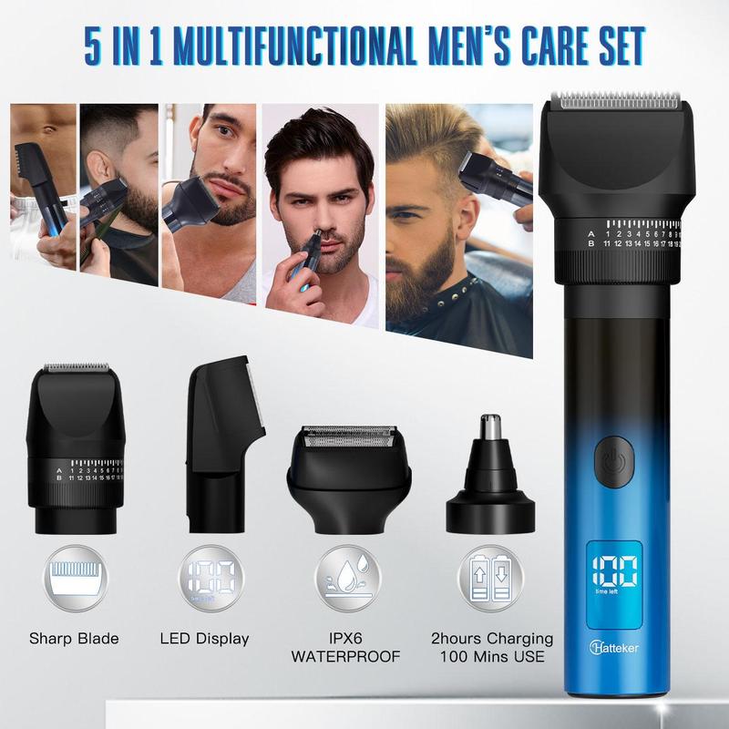 5 in 1 Electric Hair Trimmer, 1 Box Multifunctional Waterproof Hair Clipper with LED Display, USB Rechargeable Hair Trimmer for Men