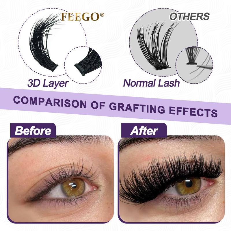 FEEGO 200D Fluffy Lash Extensions Kit D Curl 10-20mm Thick Eyelashs Extension Waterproof Individual Lashes with Bond Seal Remover DIY at Home Makeup Cosmetic