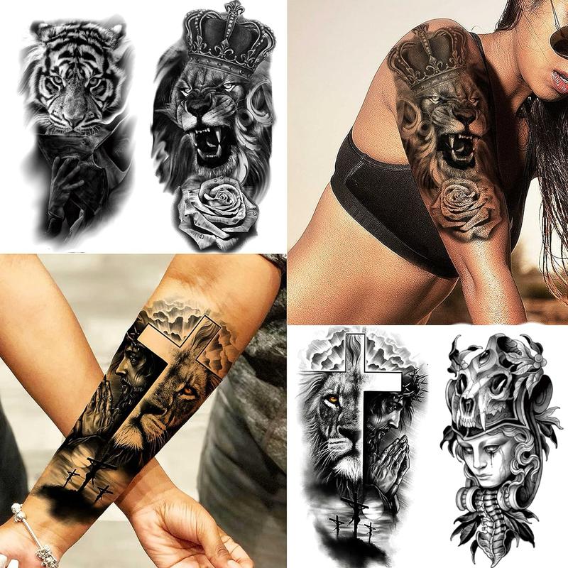 68 Sheets Waterproof Temporary Tattoos Stickers,Long Lasting Forearm Designs Animals & Flower, Wolf, Tiger, Lion, Owl, Skeleton Skull,Etc